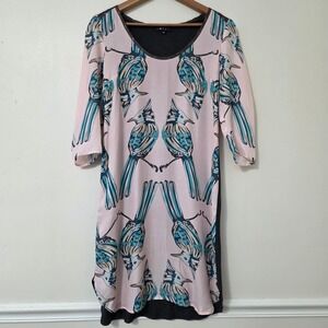Corey‎ Bird Print Dress Sz M Pink Silk Blend Boho Artsy Resort Sheath